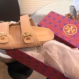 Tory Burch Beige Leather Double-Strap Slide with Gold Logo